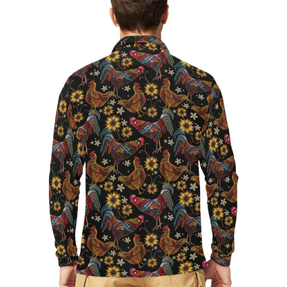 Chicken Embroidery Style Long Sleeve Polo Shirt For Men's