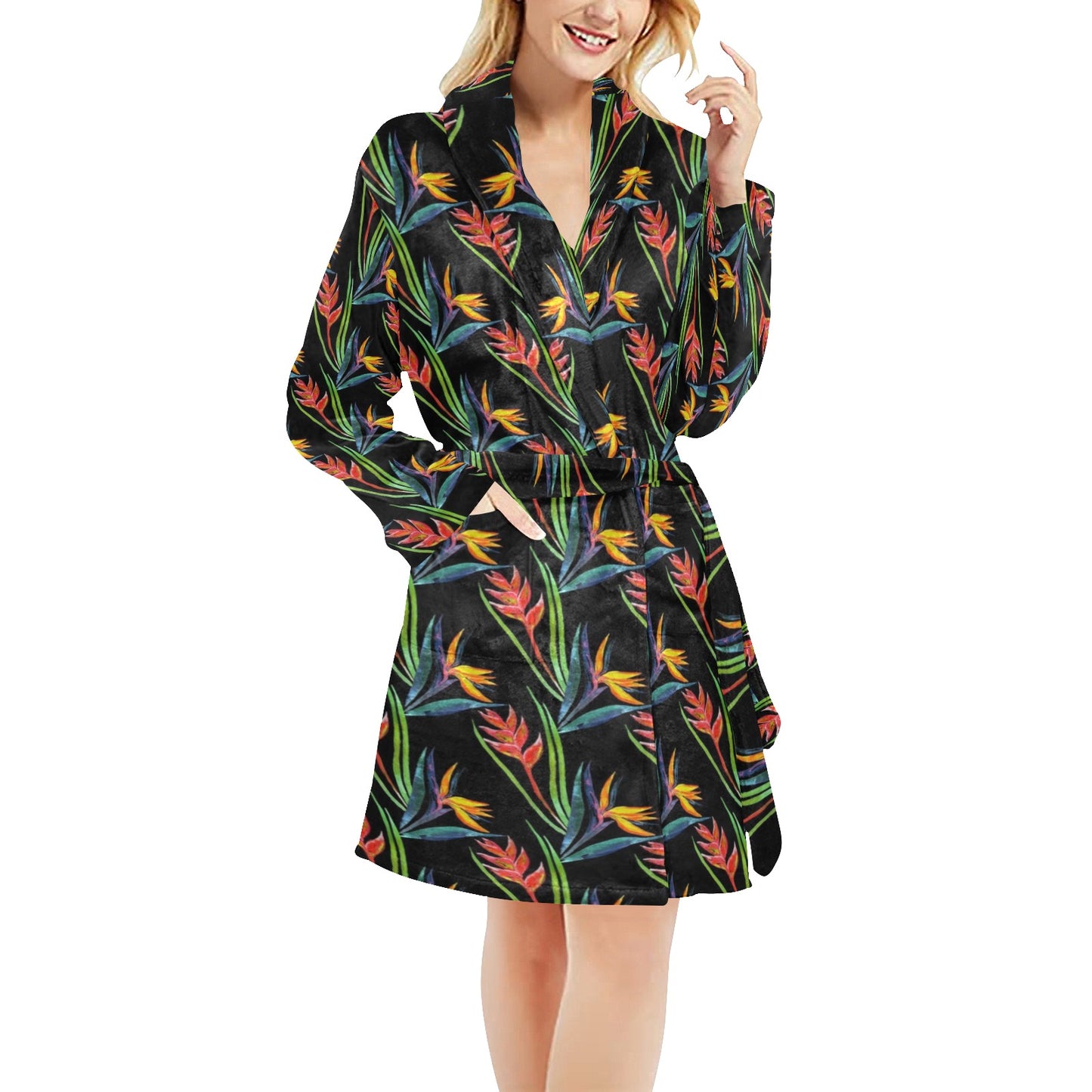 Heliconia Pattern Print Design HL04 Women's Fleece Robe