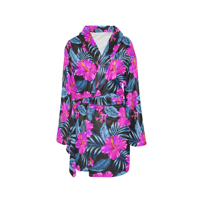 Neon Pink Hibiscus Pattern Print Design HB015 Women's Fleece Robe