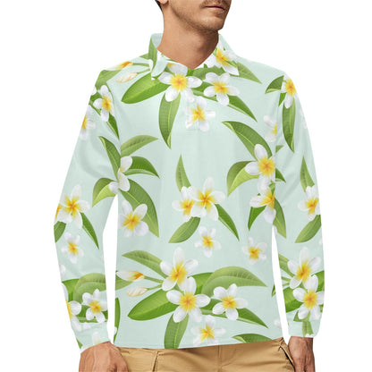Yellow Plumeria Pattern Print Design PM024 Long Sleeve Polo Shirt For Men's