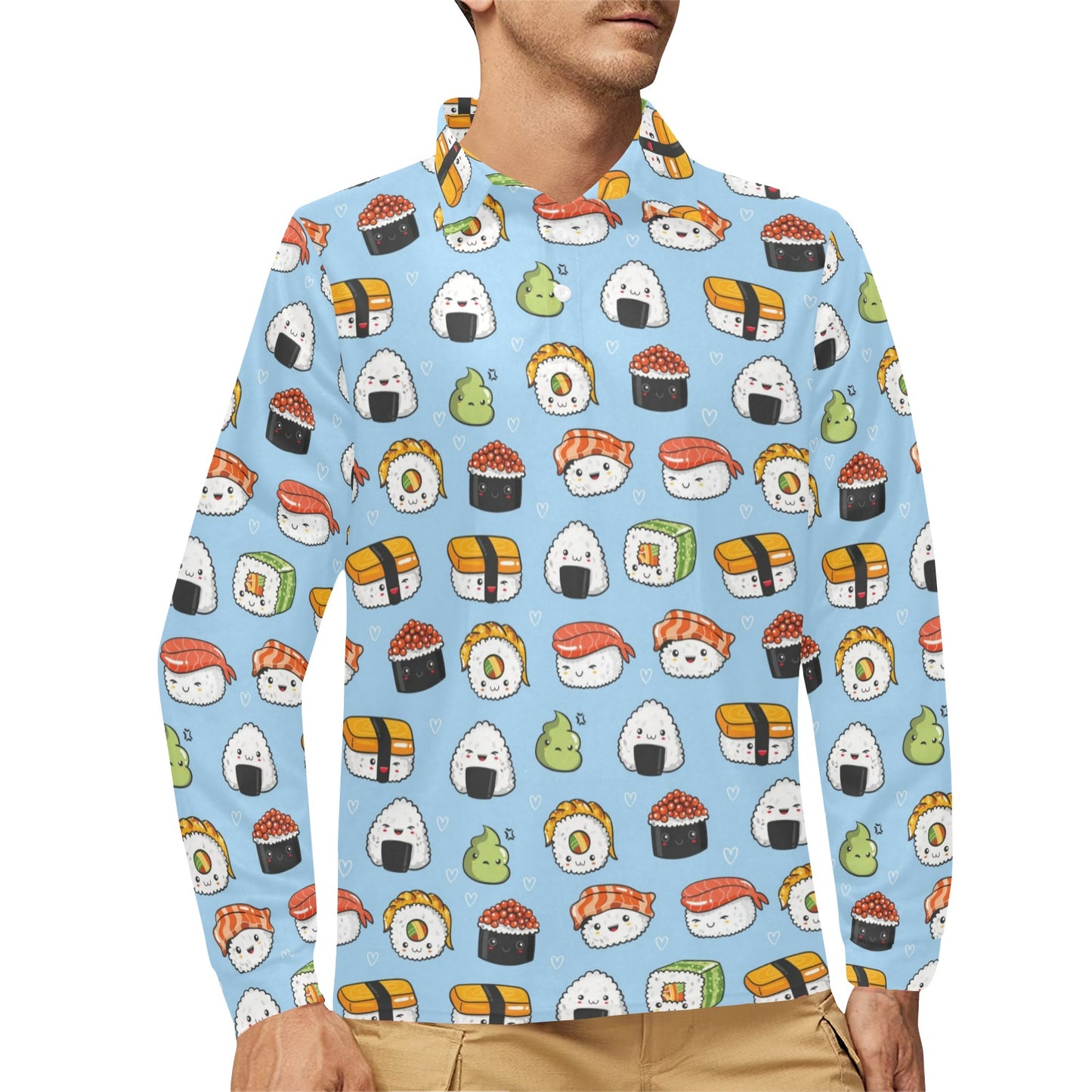 Sushi Print Design LKS303 Long Sleeve Polo Shirt For Men's