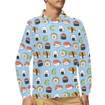 Sushi Print Design LKS303 Long Sleeve Polo Shirt For Men's