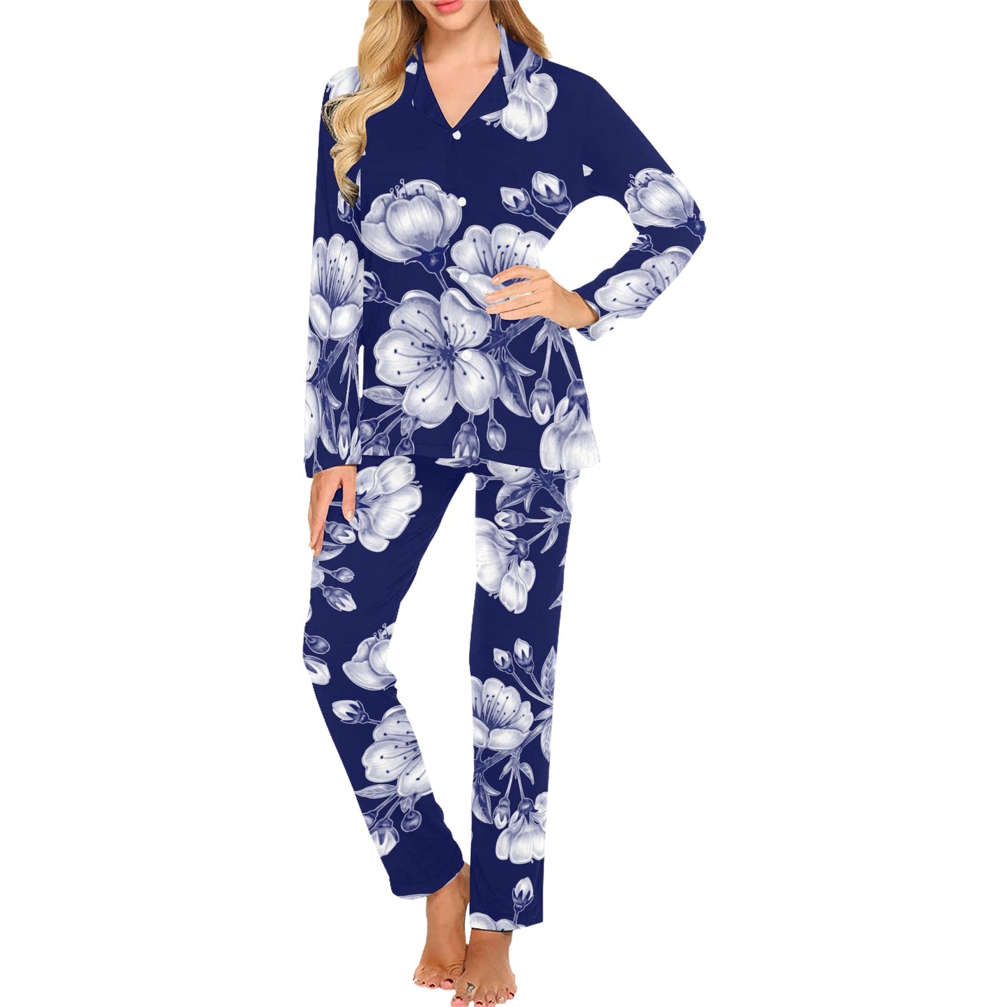 Cherry Blossom Pattern Print Design CB01 Women's Long Pajama Set
