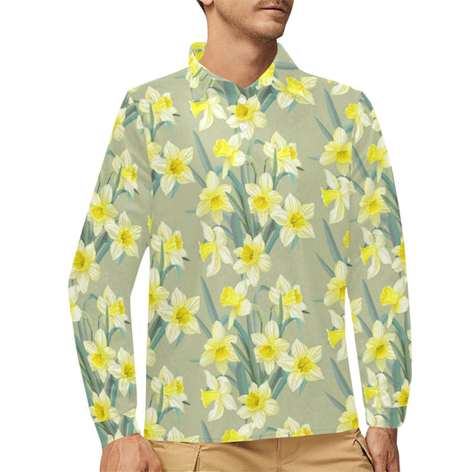 Daffodils Pattern Print Design DF01 Long Sleeve Polo Shirt For Men's