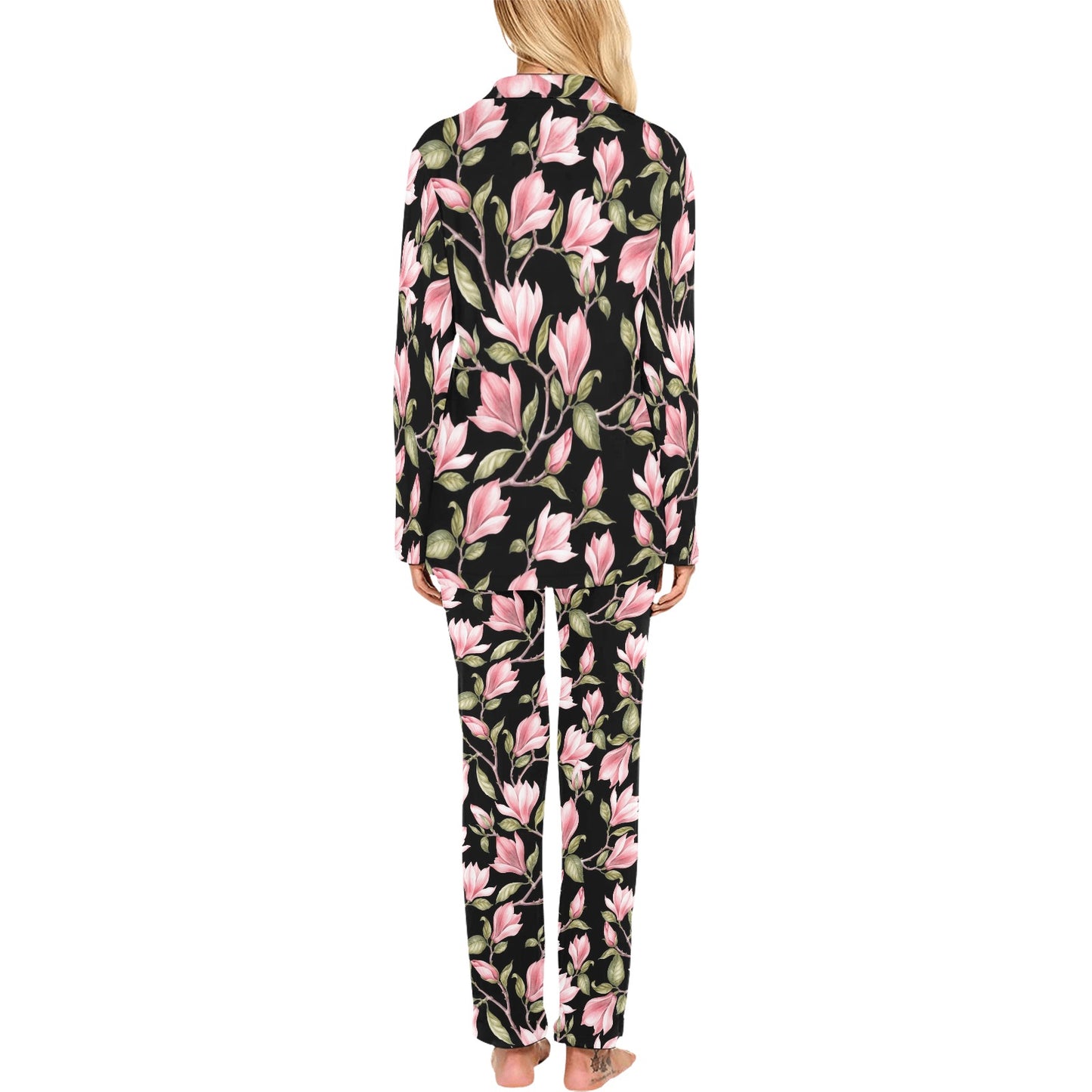 Magnolia Pattern Print Design MAG03 Women's Long Pajama Set