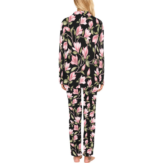 Magnolia Pattern Print Design MAG03 Women's Long Pajama Set