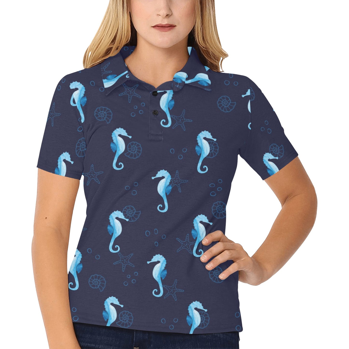 SeaHorse Blue neon Pattern Print Design 03 Women's Polo Shirt