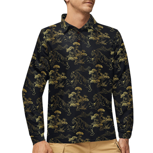 Tiger Japan Style Print Design LKS305 Long Sleeve Polo Shirt For Men's