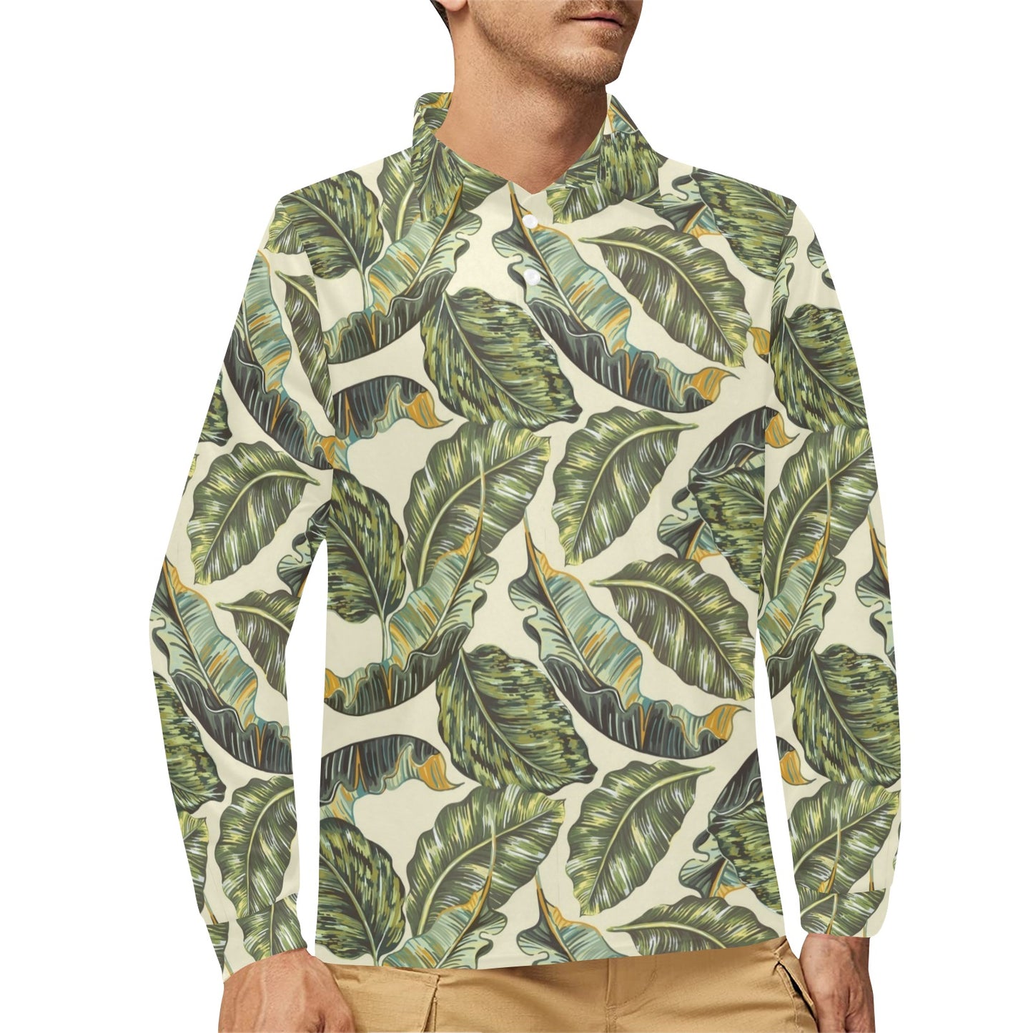 Banana Leaf Pattern Print Design BL08 Long Sleeve Polo Shirt For Men's
