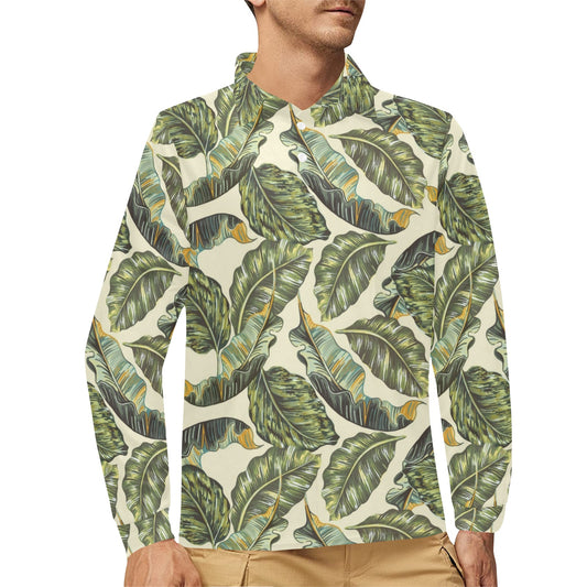 Banana Leaf Pattern Print Design BL08 Long Sleeve Polo Shirt For Men's