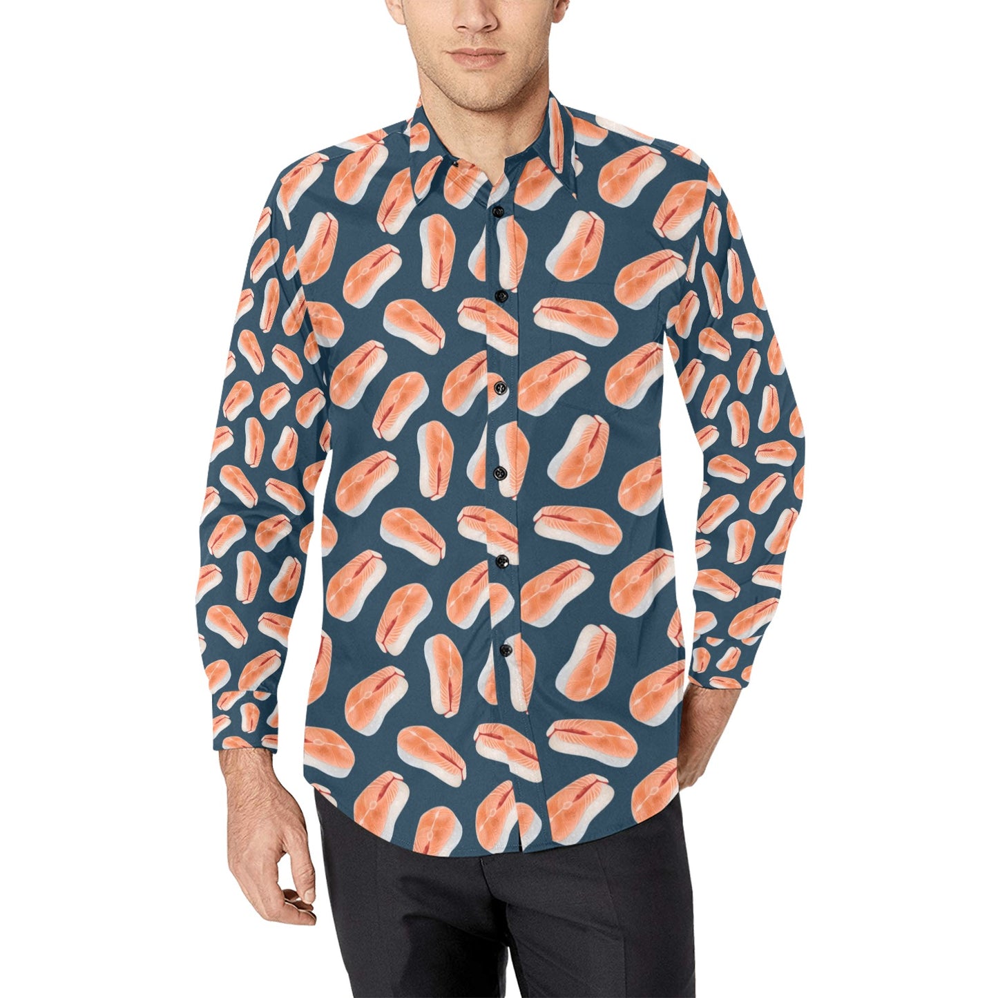 Salmon Steak Print Design LKS306 Men's Long Sleeve Dress Shirt