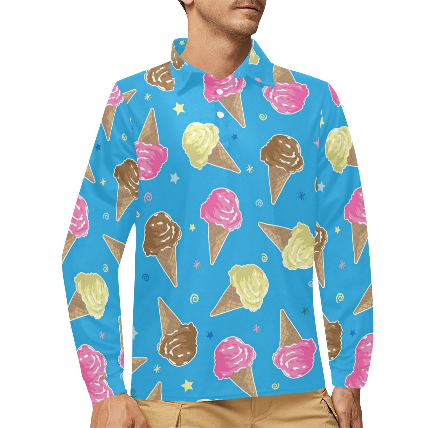 Ice Cream Pattern Print Design 01 Long Sleeve Polo Shirt For Men's
