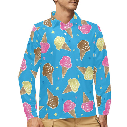 Ice Cream Pattern Print Design 01 Long Sleeve Polo Shirt For Men's