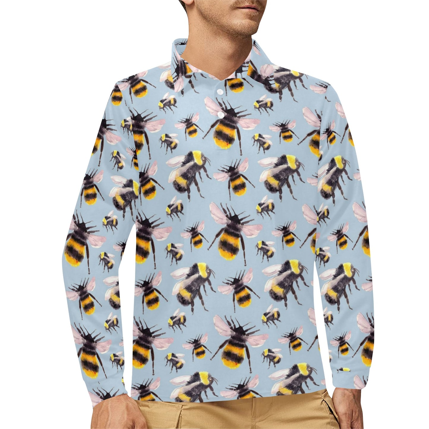 Bee Pattern Print Design BEE08 Long Sleeve Polo Shirt For Men's