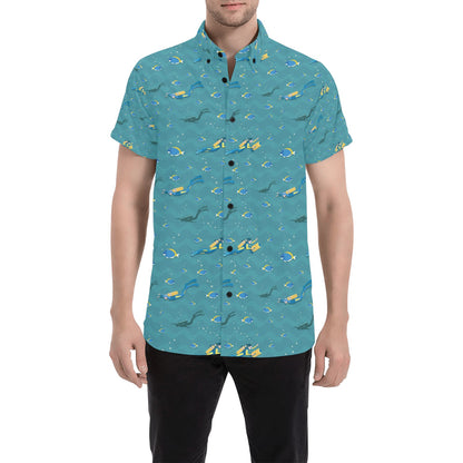 Scuba Driving Pattern Print Design LKS306 Men Short Sleeve Button Up Shirt