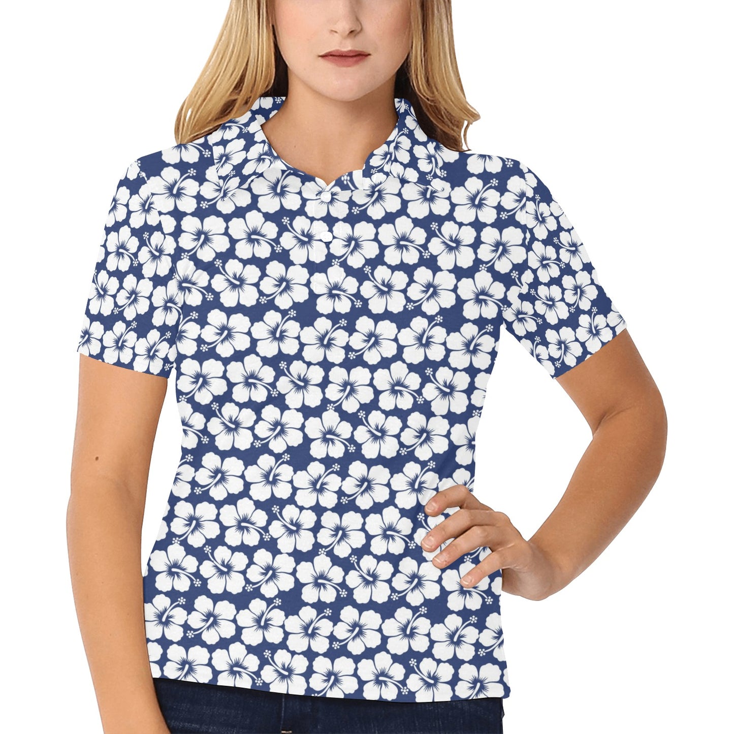 Hibiscus Blue Hawaiian Flower Pattern Women's Polo Shirt