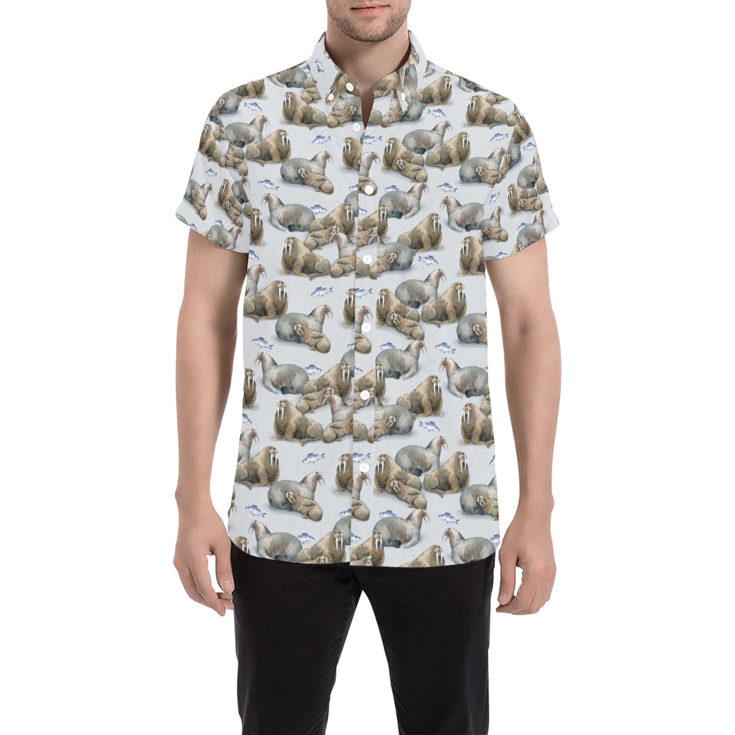 Walrus Print Design LKS401 Men Short Sleeve Button Up Shirt