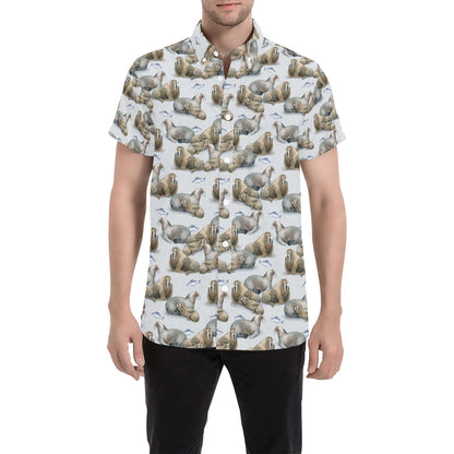 Walrus Print Design LKS401 Men Short Sleeve Button Up Shirt
