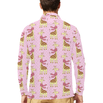 Giraffe Cute Pink Polka Dot Print Long Sleeve Polo Shirt For Men's