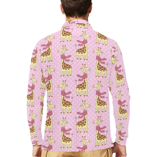 Giraffe Cute Pink Polka Dot Print Long Sleeve Polo Shirt For Men's