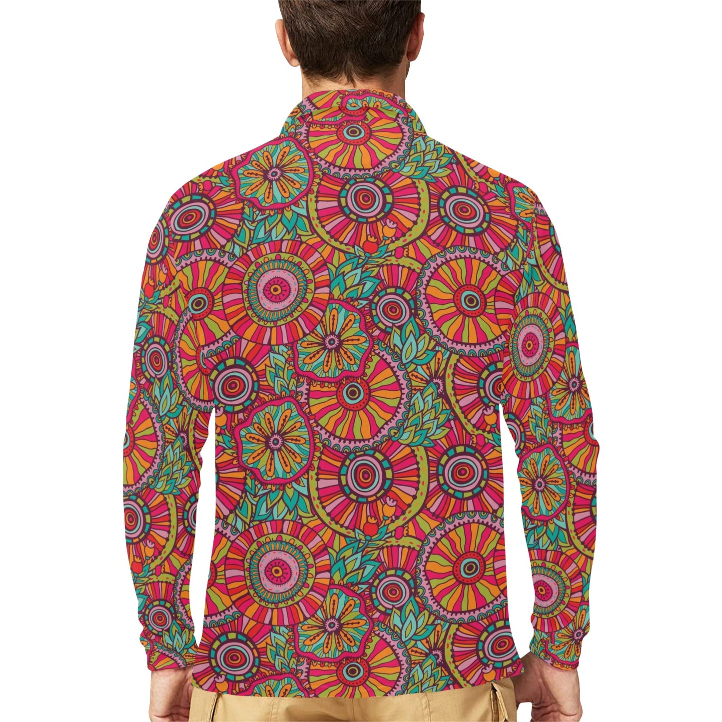 Boho Pattern Print Design 01 Long Sleeve Polo Shirt For Men's