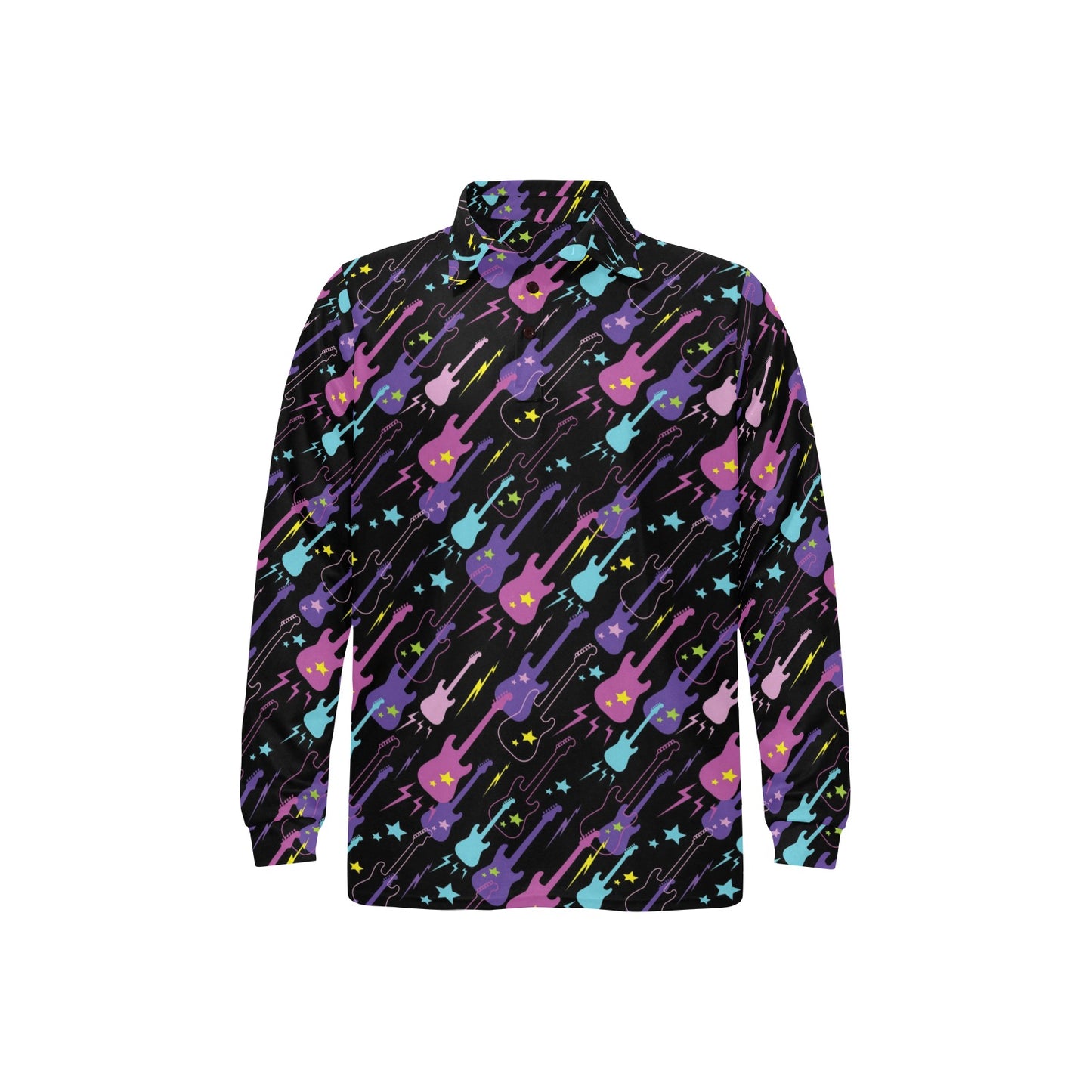 Electric Guitar Pattern Print Design 02 Long Sleeve Polo Shirt For Men's