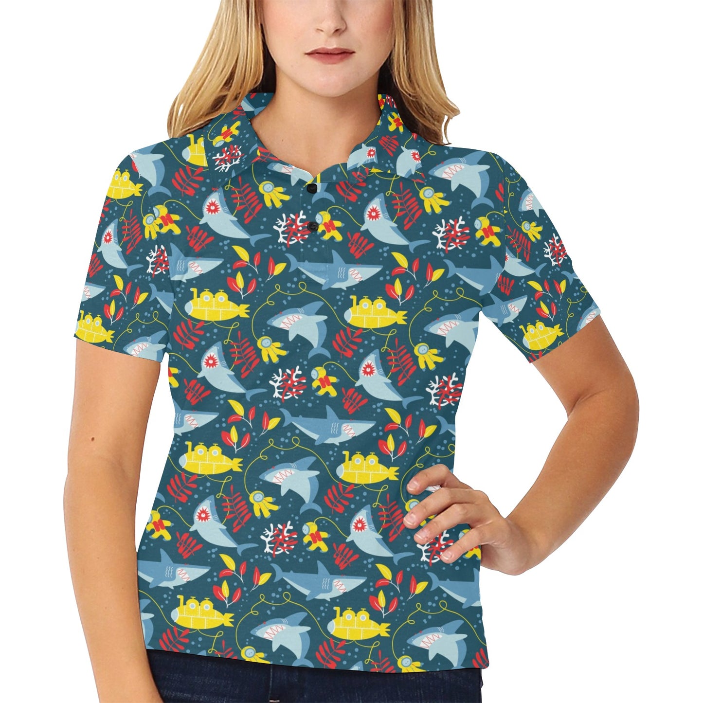 Scuba With Sharks Print Design LKS303 Women's Polo Shirt
