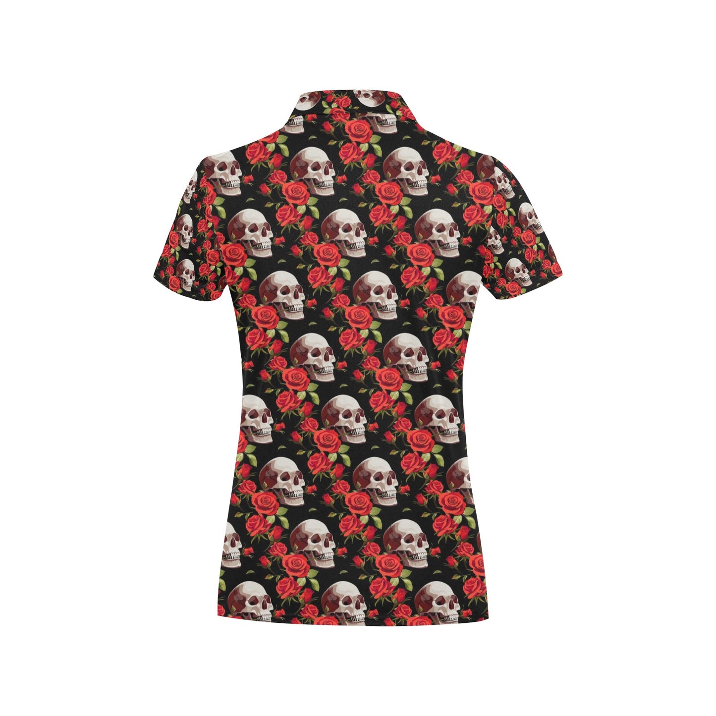 Red Rose Skull Design Print Women's Polo Shirt