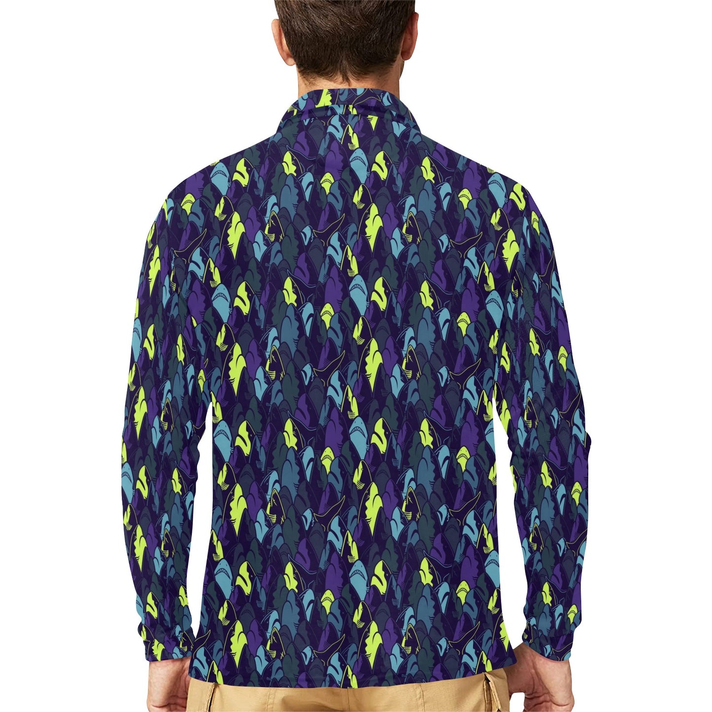 Shark Neon color Print Long Sleeve Polo Shirt For Men's