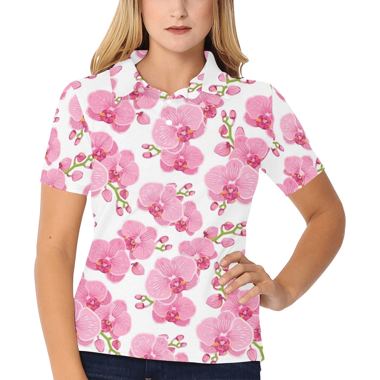 Orchid Pink Pattern Print Design OR07 Women's Polo Shirt