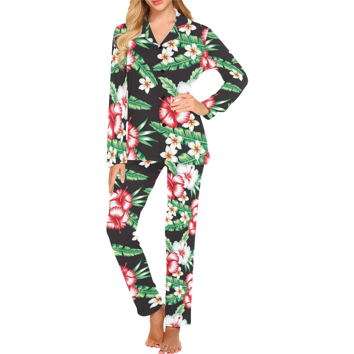 Hawaiian flower tropical leaves Women's Long Pajama Set