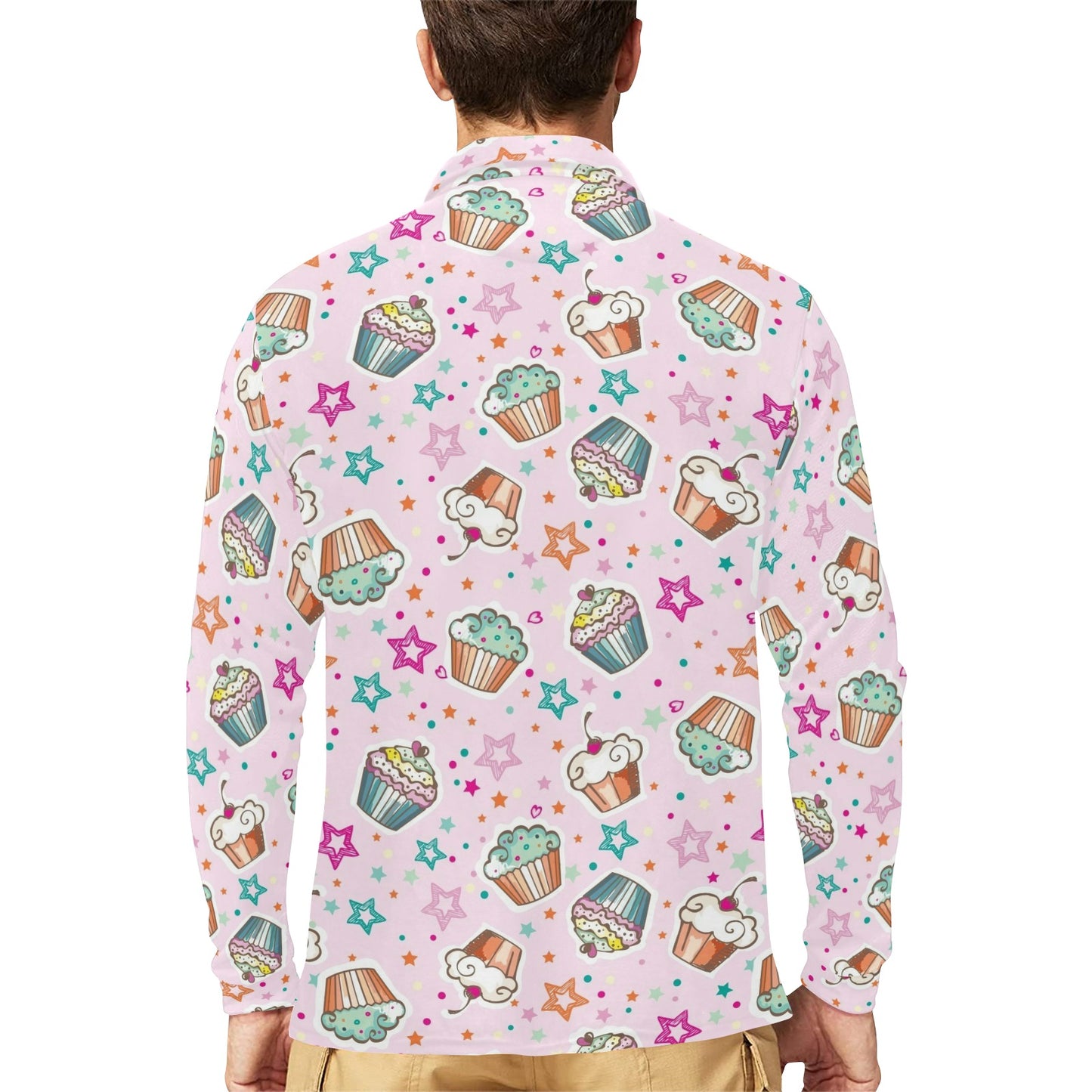 Cupcake Pattern Print Design CP03 Long Sleeve Polo Shirt For Men's