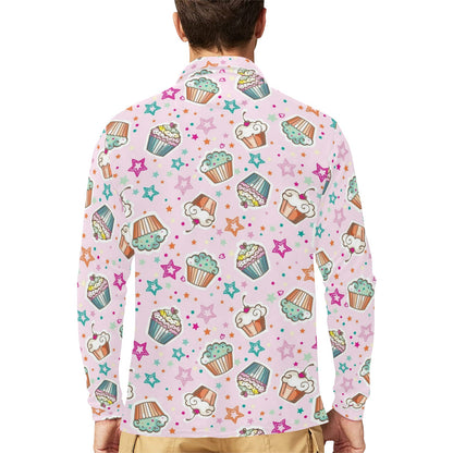 Cupcake Pattern Print Design CP03 Long Sleeve Polo Shirt For Men's