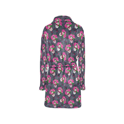 Sugar Skull Pink Rose Themed Print Women's Fleece Robe