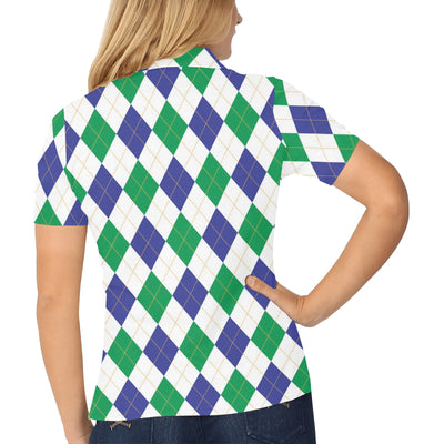 Argyle Green Blue Pattern Print Design 03 Women's Polo Shirt