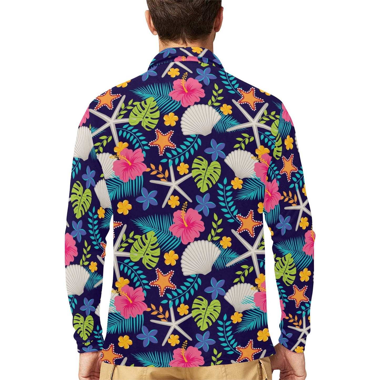 Beach Seashell Floral Theme Long Sleeve Polo Shirt For Men's