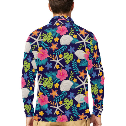 Beach Seashell Floral Theme Long Sleeve Polo Shirt For Men's