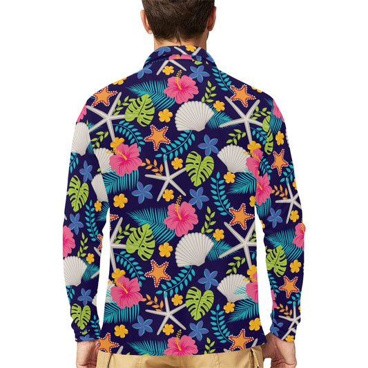 Beach Seashell Floral Theme Long Sleeve Polo Shirt For Men's
