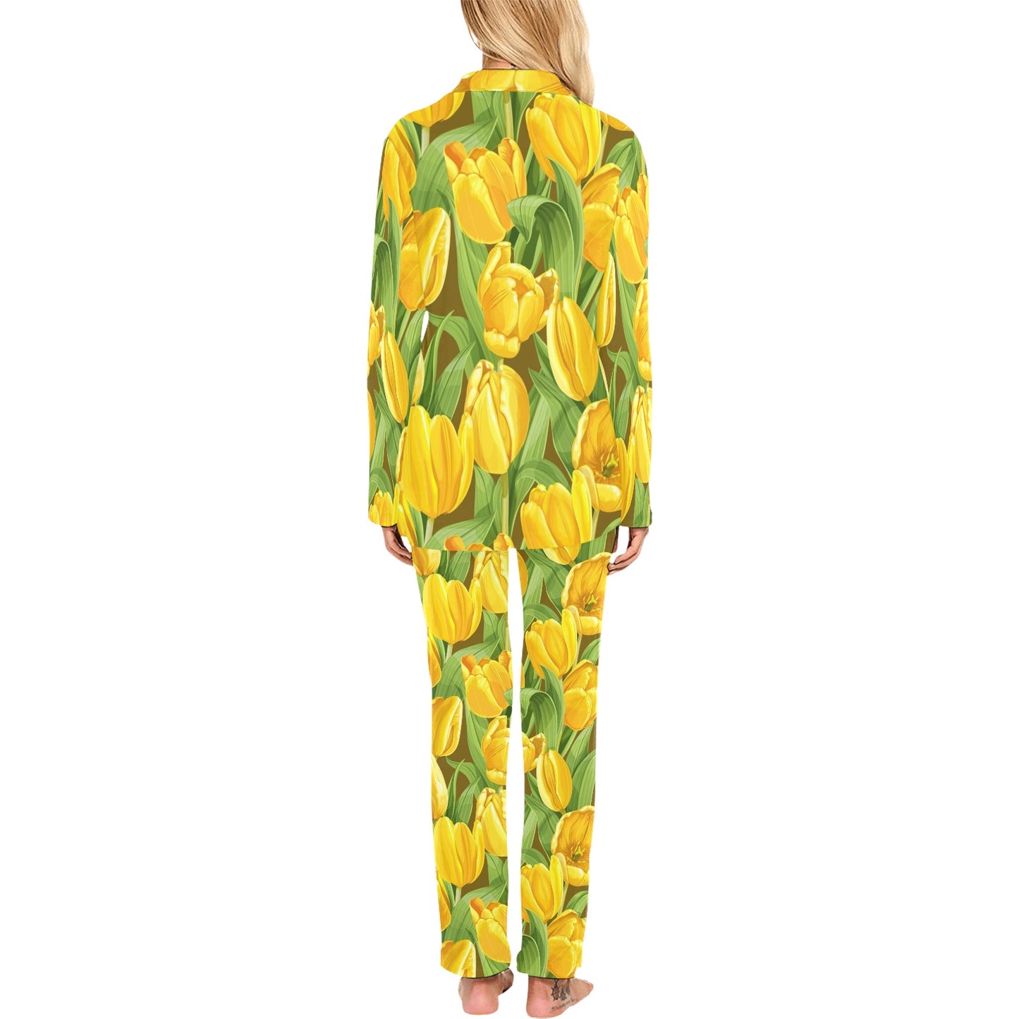 Tulip Yellow Pattern Print Design TP010 Women's Long Pajama Set