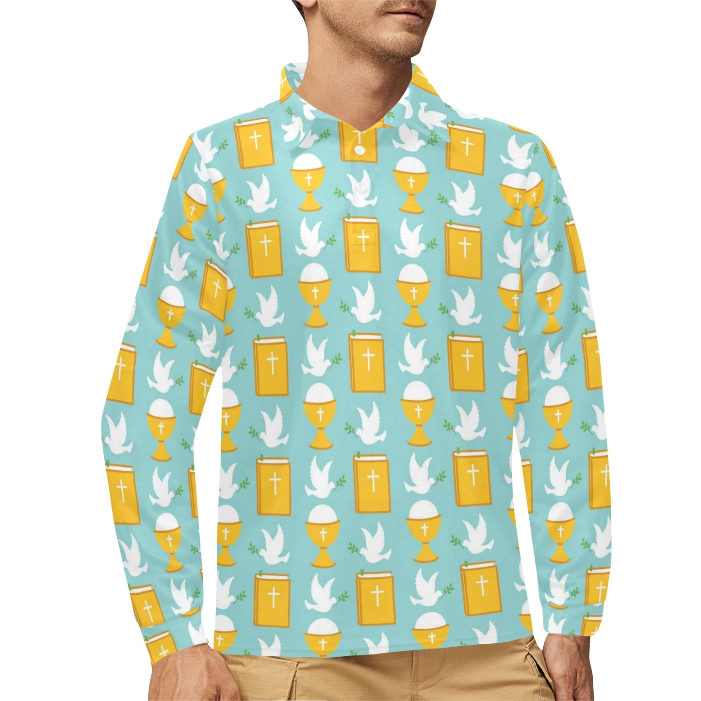 Christian Pattern Print Design 02 Long Sleeve Polo Shirt For Men's