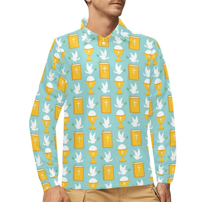 Christian Pattern Print Design 02 Long Sleeve Polo Shirt For Men's