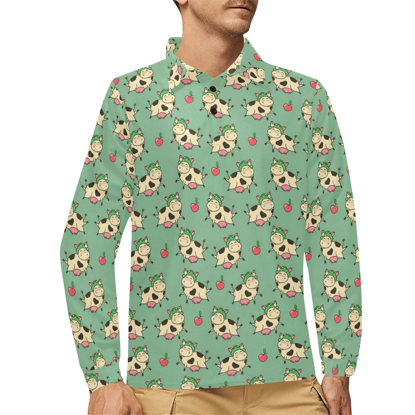 Cattle Print Design LKS402 Long Sleeve Polo Shirt For Men's