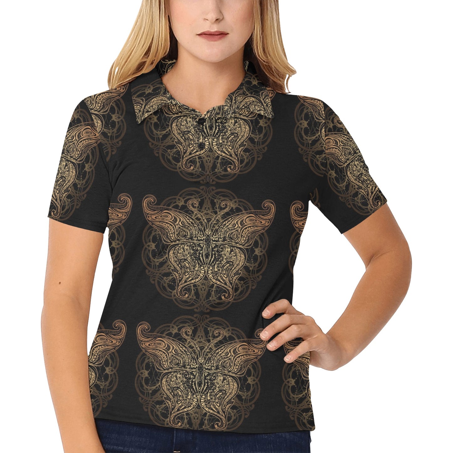 Gold Butterfly Ornamental Women's Polo Shirt