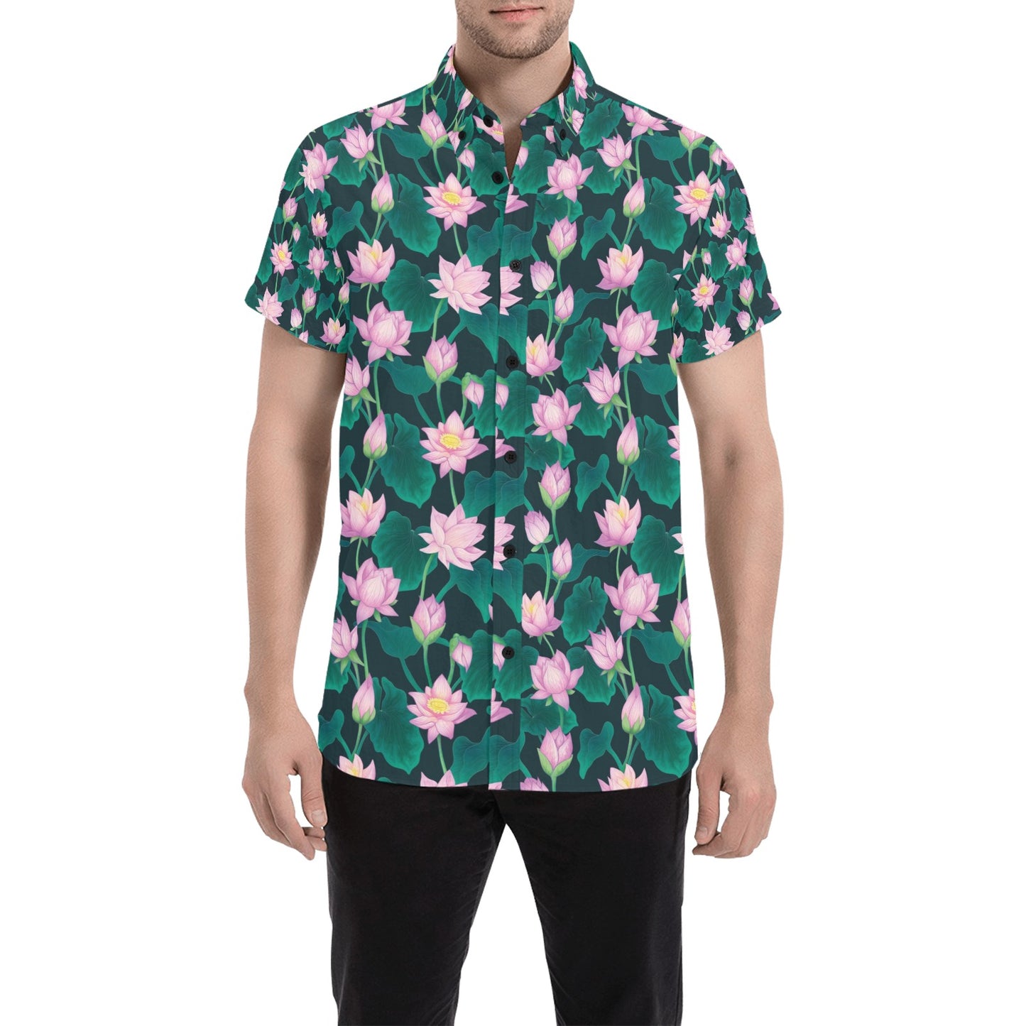 Water Lily Print Design LKS302 Men Short Sleeve Button Up Shirt