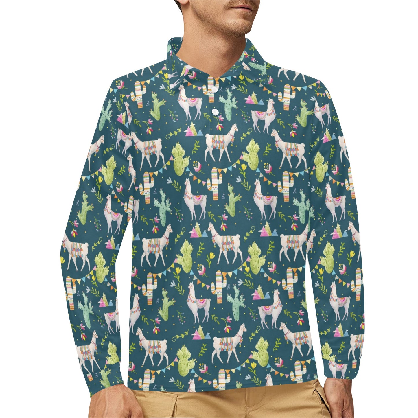 Llama with Cactus Design Print Long Sleeve Polo Shirt For Men's