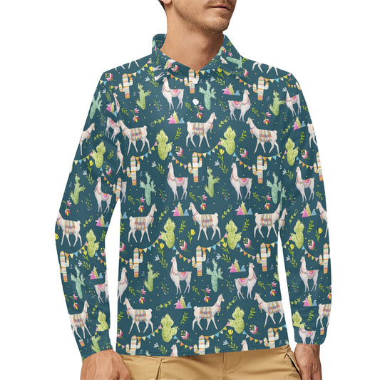 Llama with Cactus Design Print Long Sleeve Polo Shirt For Men's