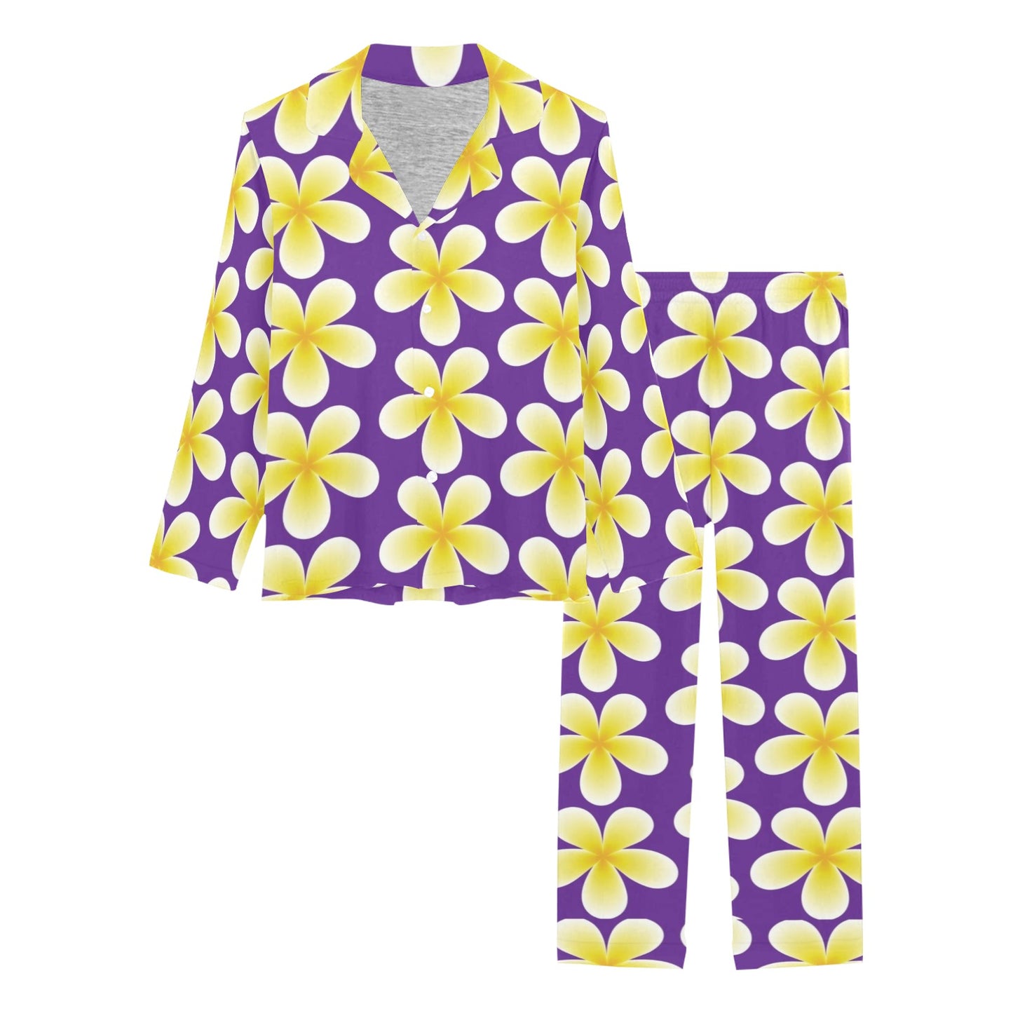 Yellow Plumeria Pattern Print Design PM05 Women's Long Pajama Set