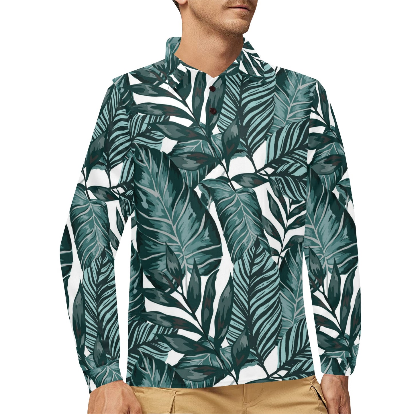 Tropical Palm Leaves Pattern Long Sleeve Polo Shirt For Men's