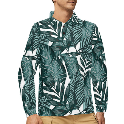 Tropical Palm Leaves Pattern Long Sleeve Polo Shirt For Men's