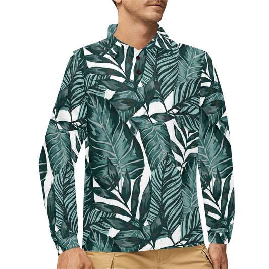 Tropical Palm Leaves Pattern Long Sleeve Polo Shirt For Men's